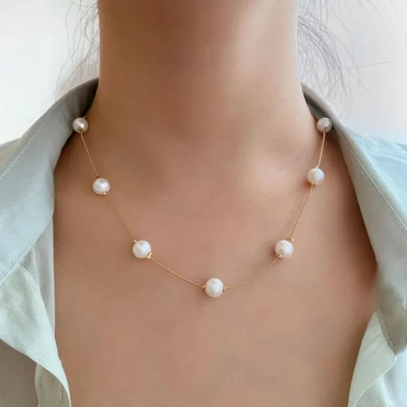 NEW BIG LARGE SIMPLE TRENDY PEARL GOLD CLAVICLE CHOKER CHAIN NECKLACE - Picture 1 of 3